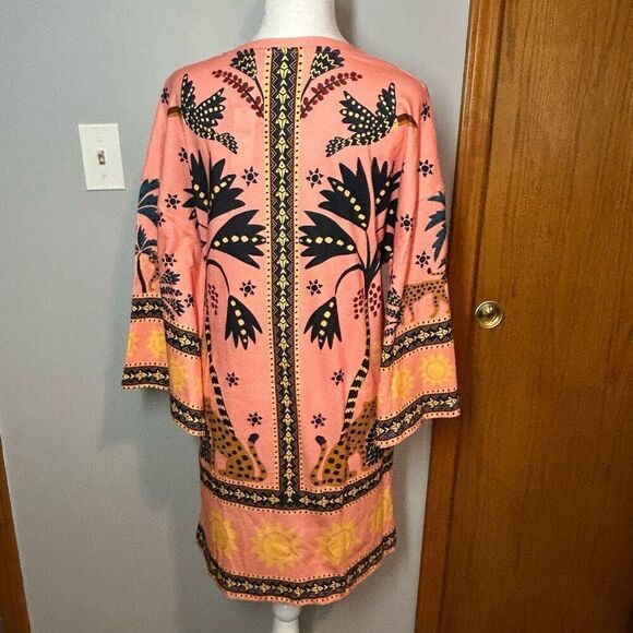 Farm Rio Anthropologie Printed Shift Mini Dress bell sleeves oversized pink comb - Picture 8 of 15